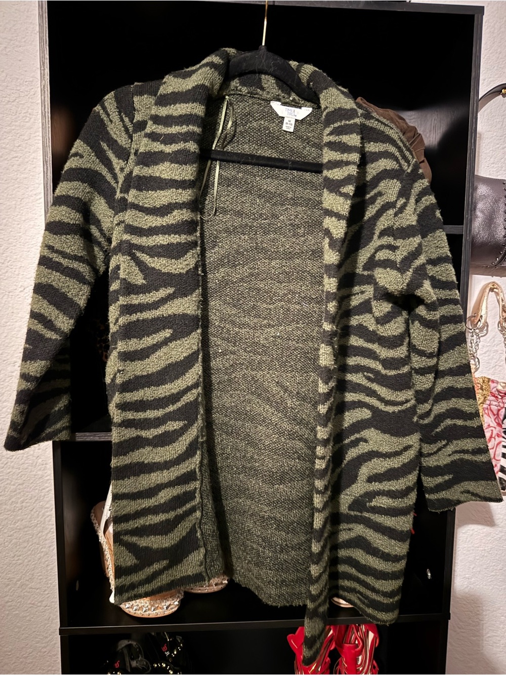 Time and Tru Olive and Black Zebra-Print Open Cardigan